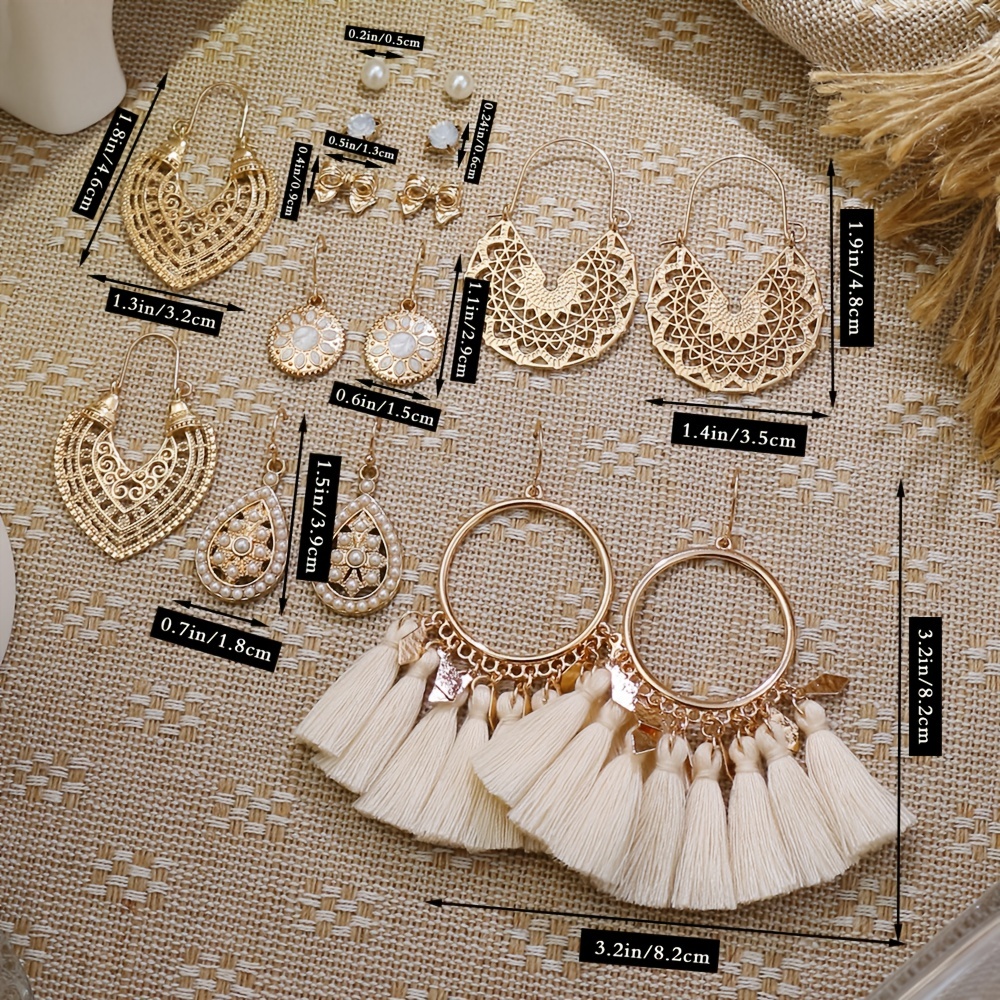 8 Pairs Women Stud Earrings Set Water Drop Round U Shape Tassel Bow Pearl Rhines